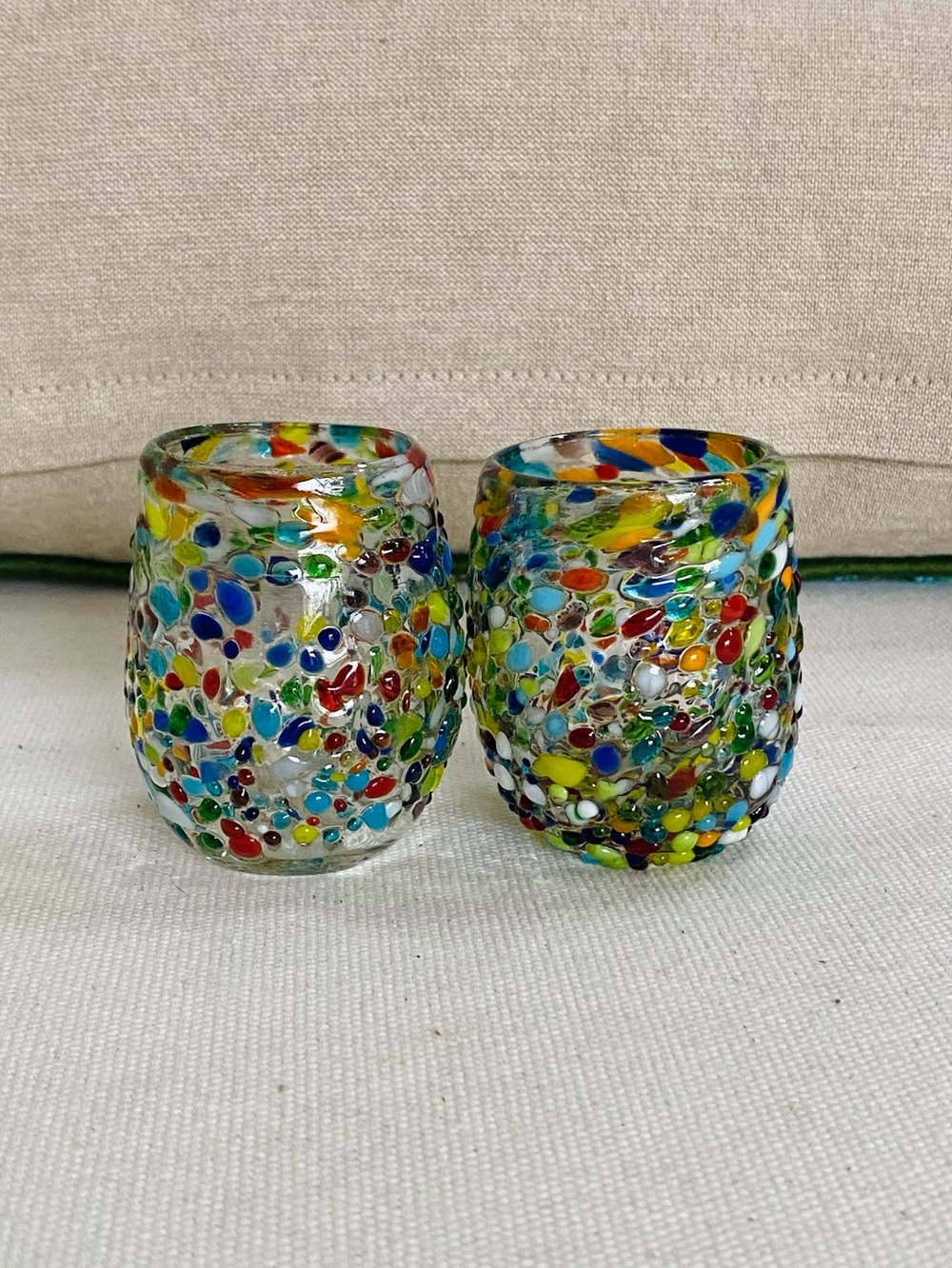 2 Hand Blown Mexican Confetti Tequila Shot Glasses Pebbled Mosaic 2.5”